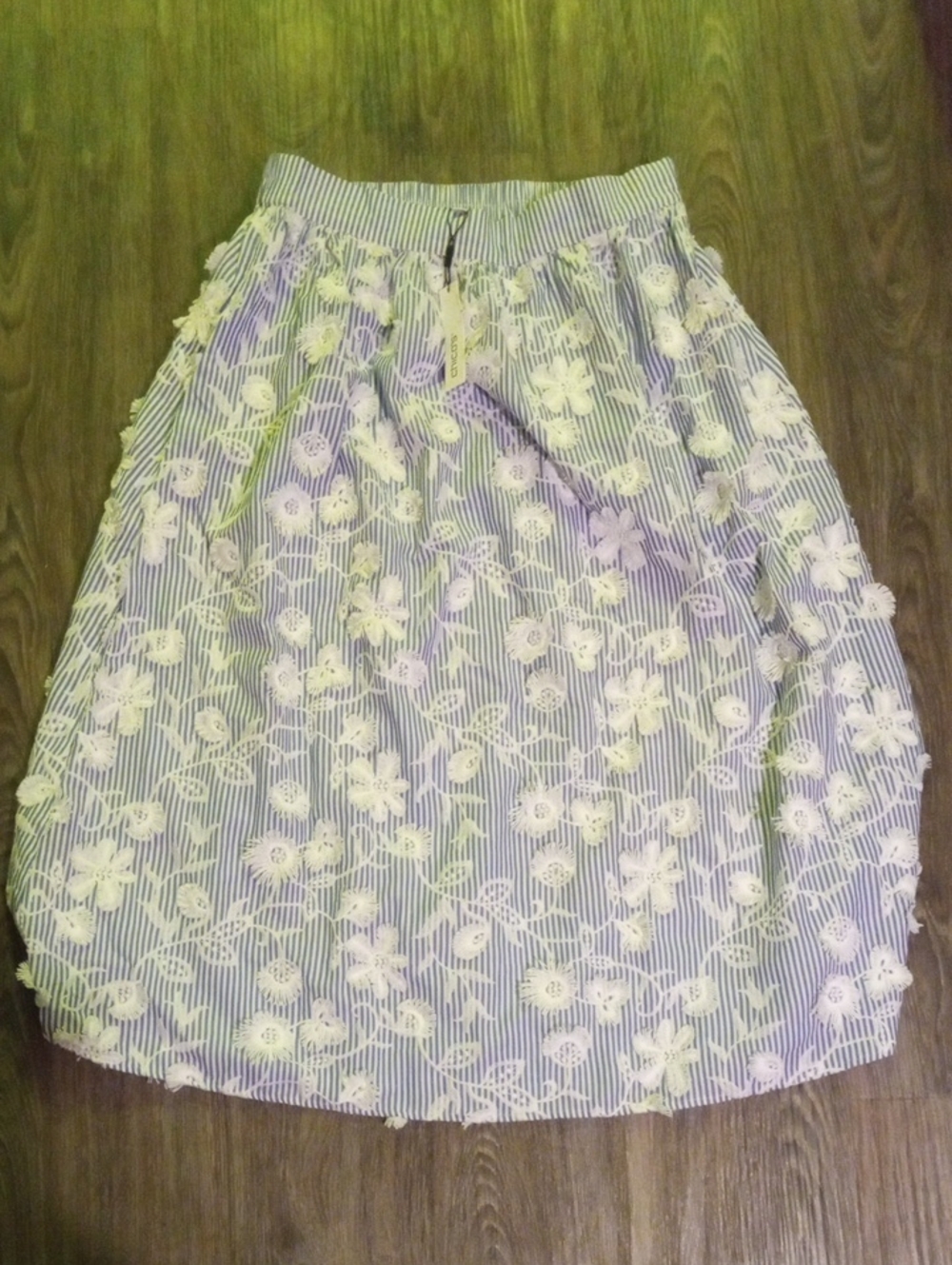 Chico's Blue and Cream Floral Lace-Embroidered Skater Skirt